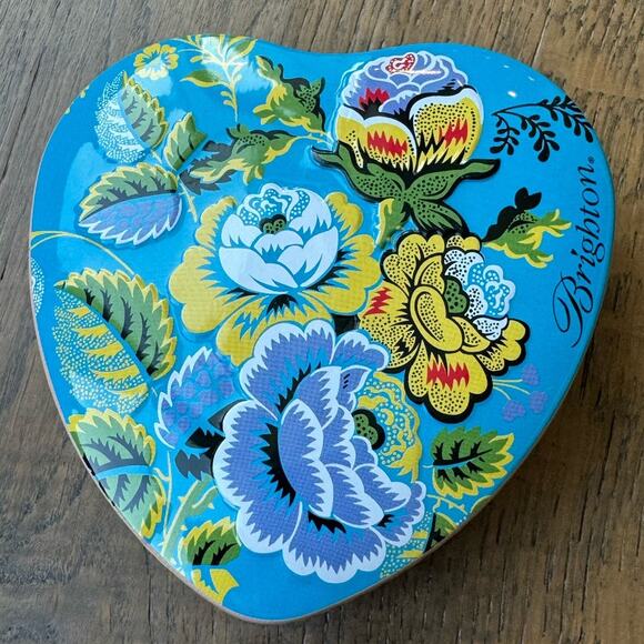 Brighton Vibrant Blue Floral Heart Shaped Jewelry Trinket Storage Box Metal - Picture 1 of 3